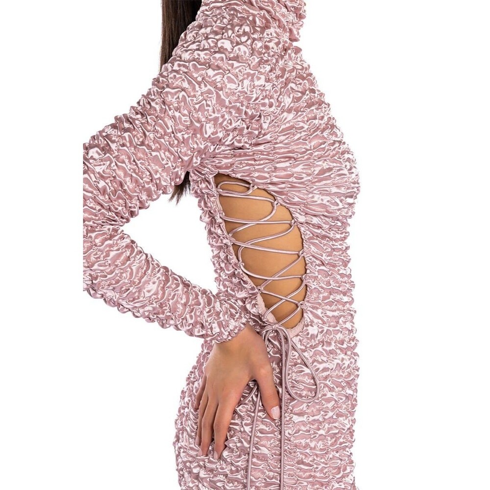 AKIRA Label Popcorn Smocked Mini Dress NWT Mock Neck Long Sleeve Pink Purple